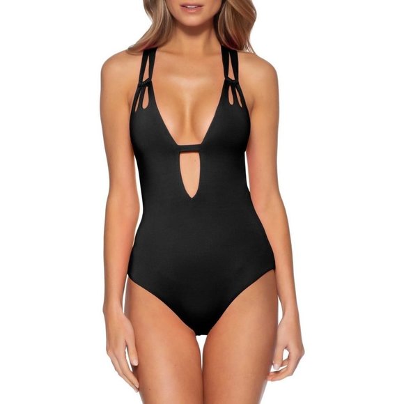 BECCA Color Code Skylar Plunge One-Piece Swimsuit Medium (8-10) Black NEW - Picture 2 of 7
